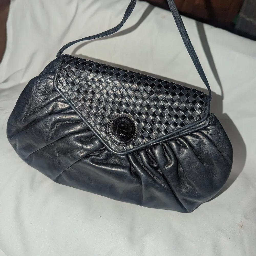 Vintage Fendi Black Woven Flap Clutch Shoulder Bag.